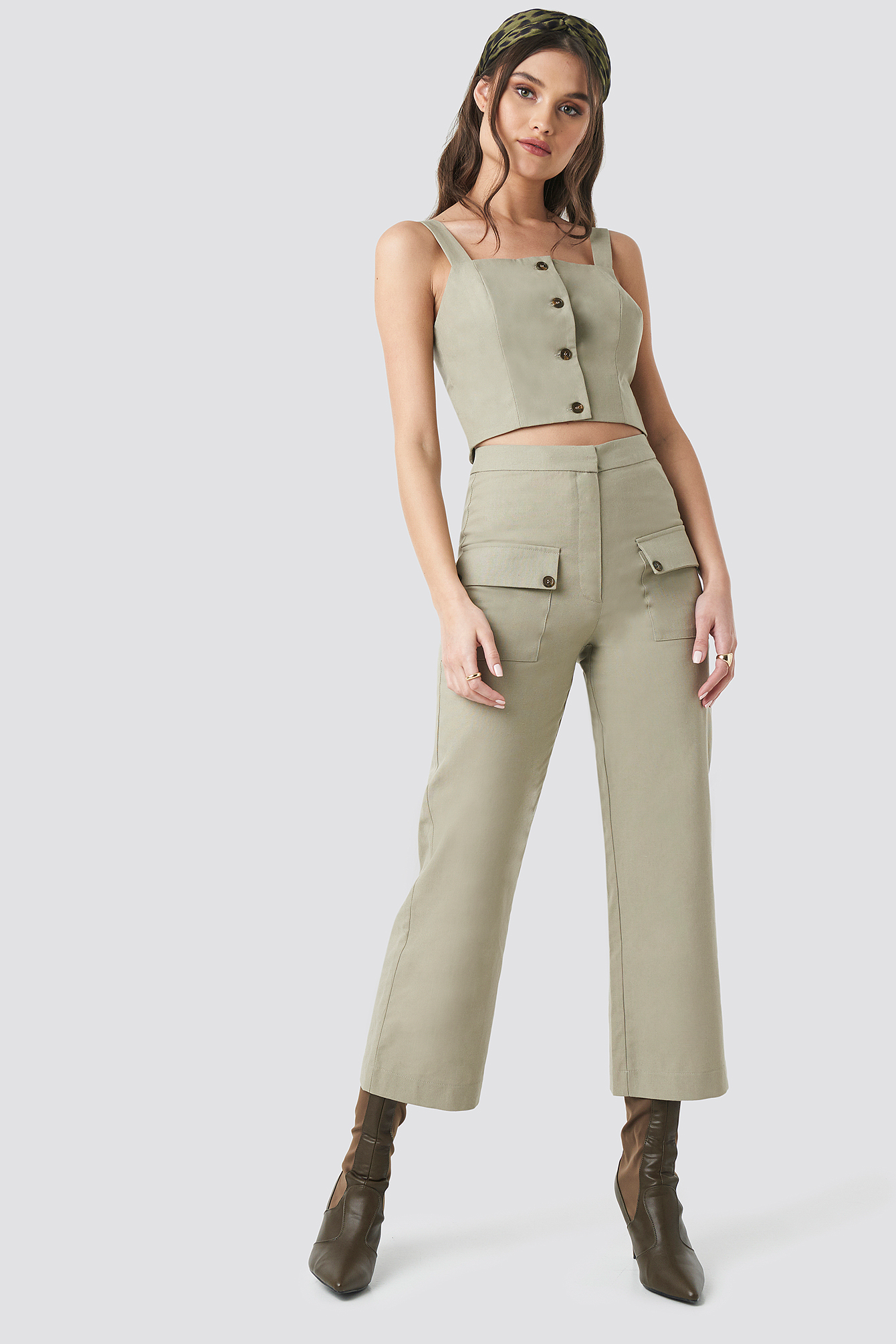 Linen Look Front Pocket Cargo Pants Green | na-kdlounge.com