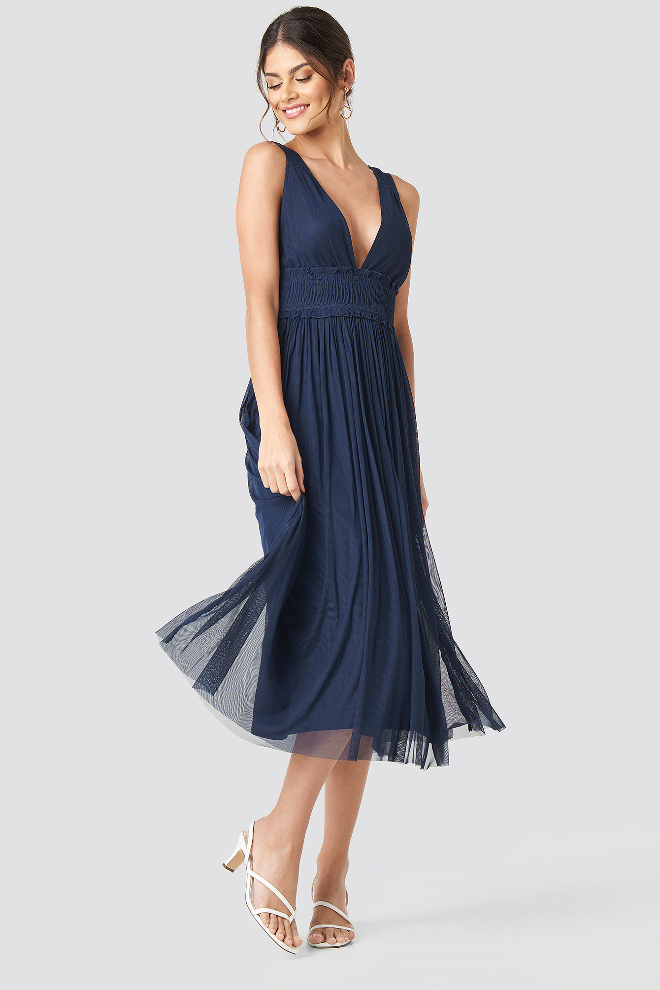 V-neck Tulle Midi Dress Blue | na-kdlounge.com