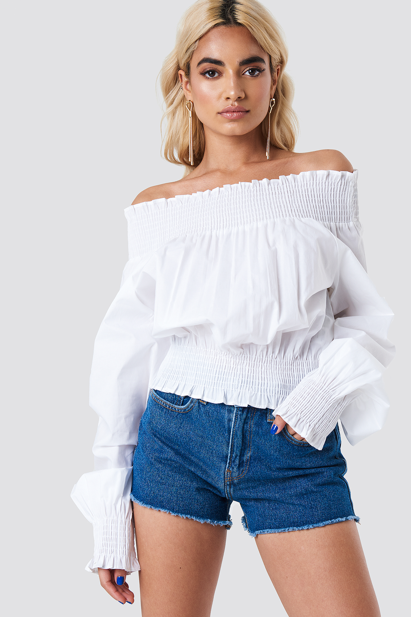 off shoulder top with balloon sleeve