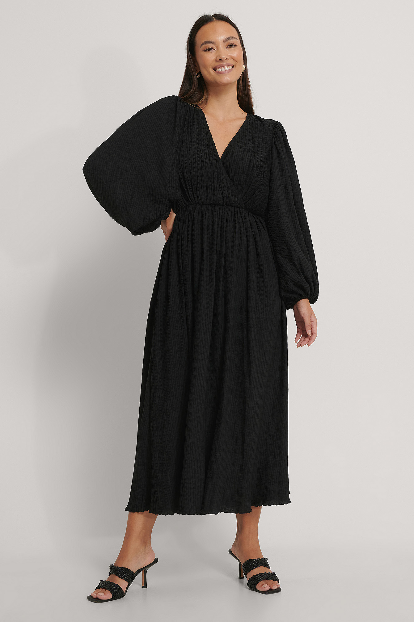 Balloon Sleeve Overlap Structured Maxi Dress Black | na-kdlounge.com