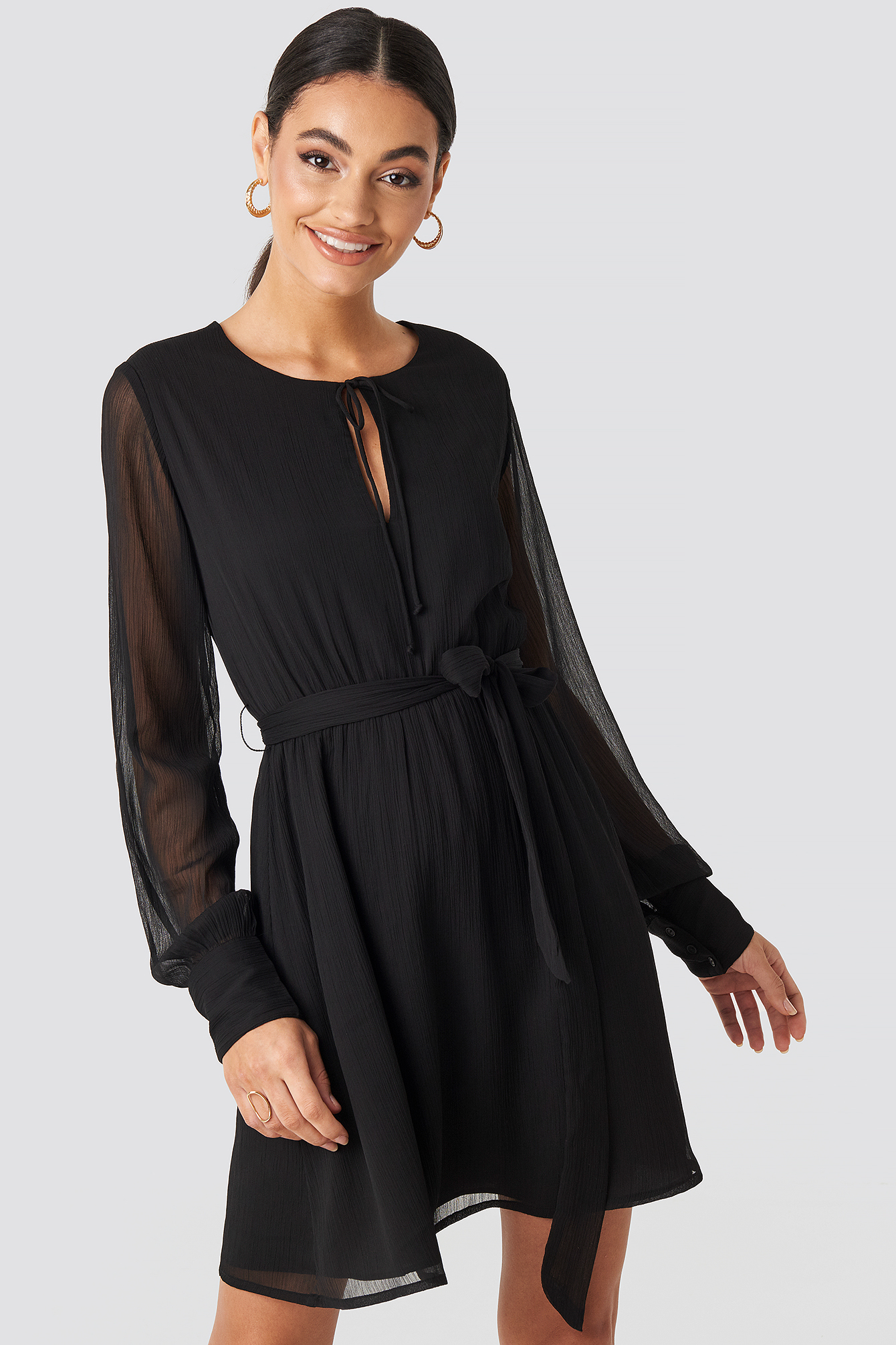 Chiffon Belted Mini Dress Black | na-kdlounge.com