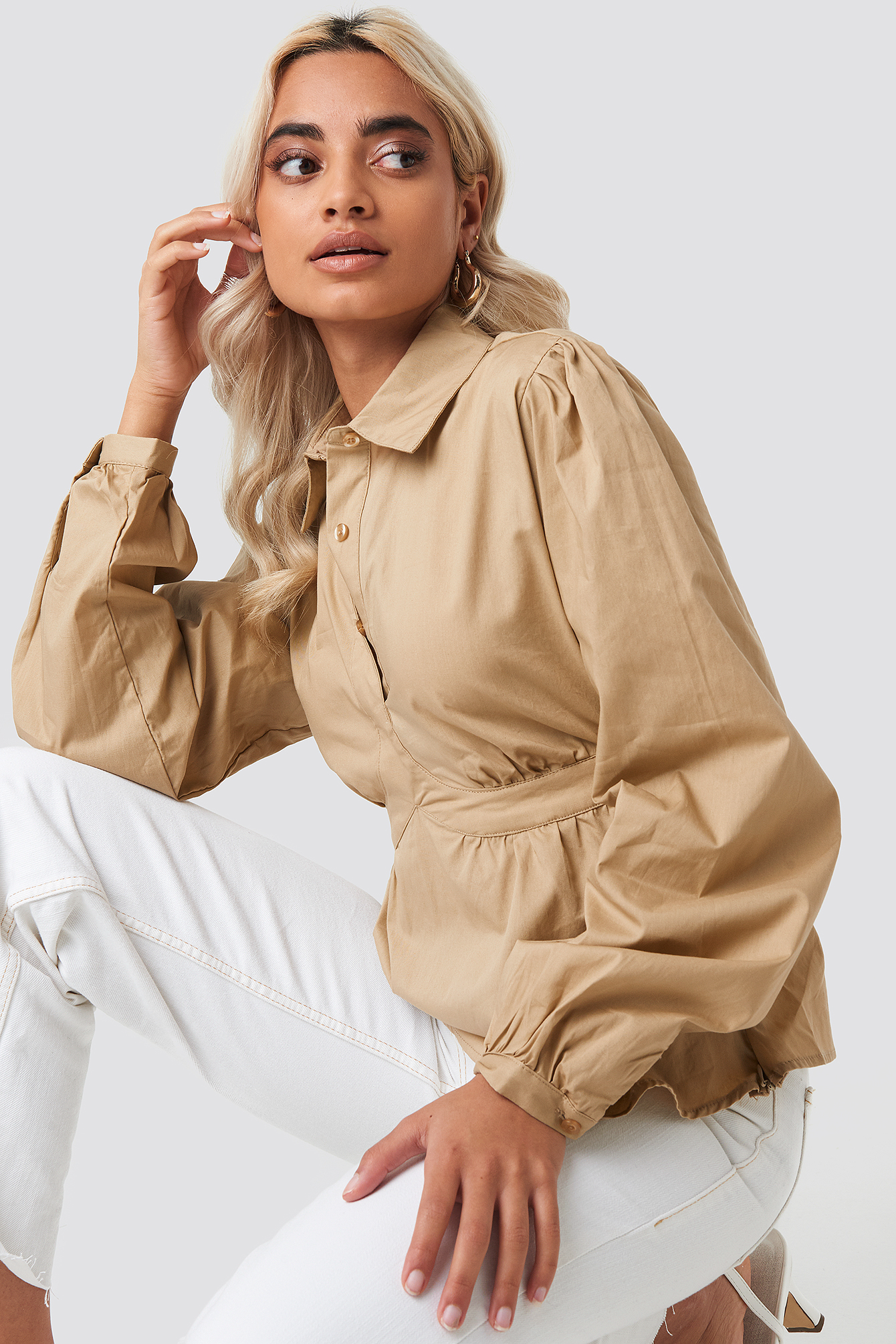 beige cropped shirt