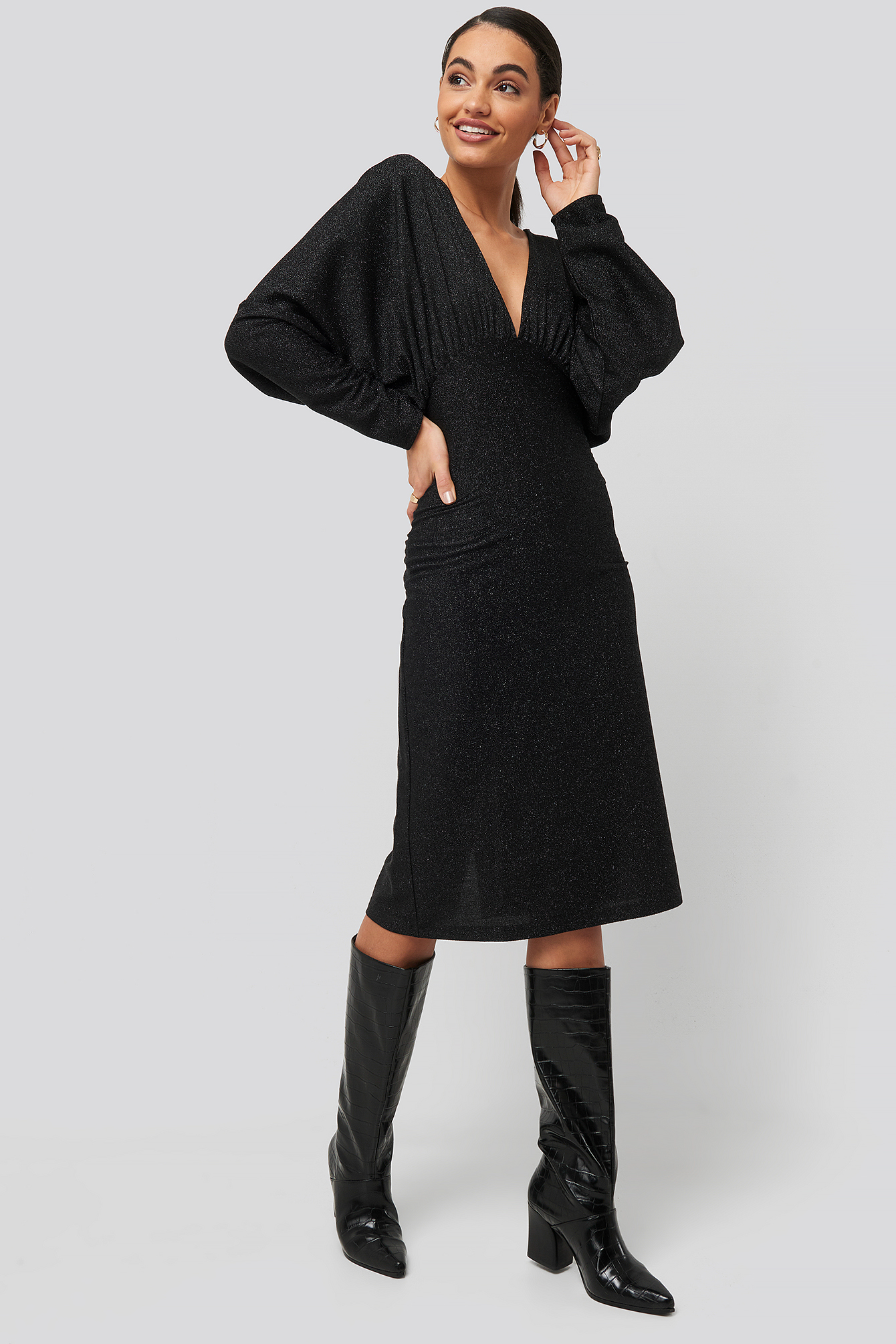 Deep V Neck Batwing Lurex Dress Black Na 8414