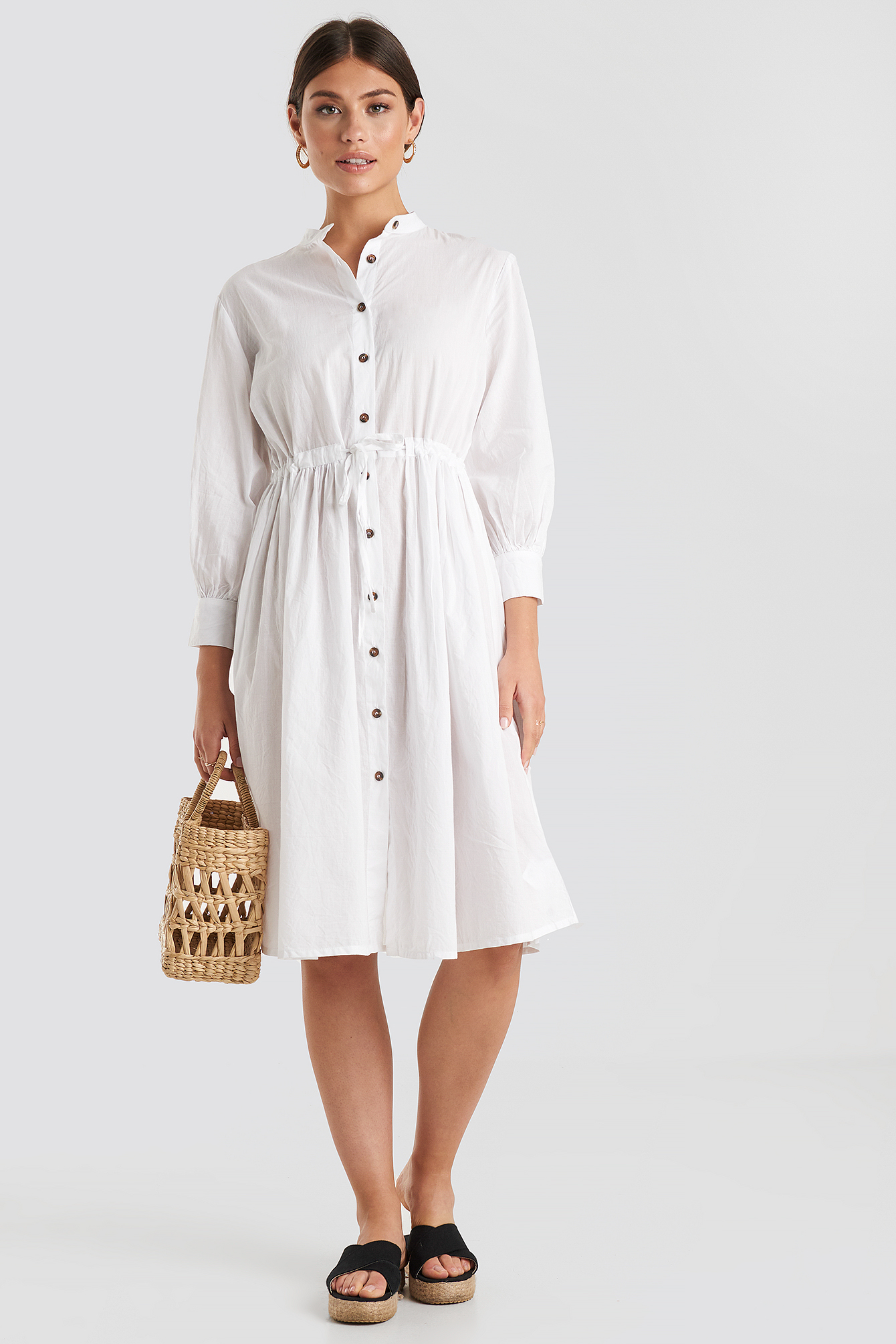 Drawstring Buttoned Shirt Dress White | na-kdlounge.com