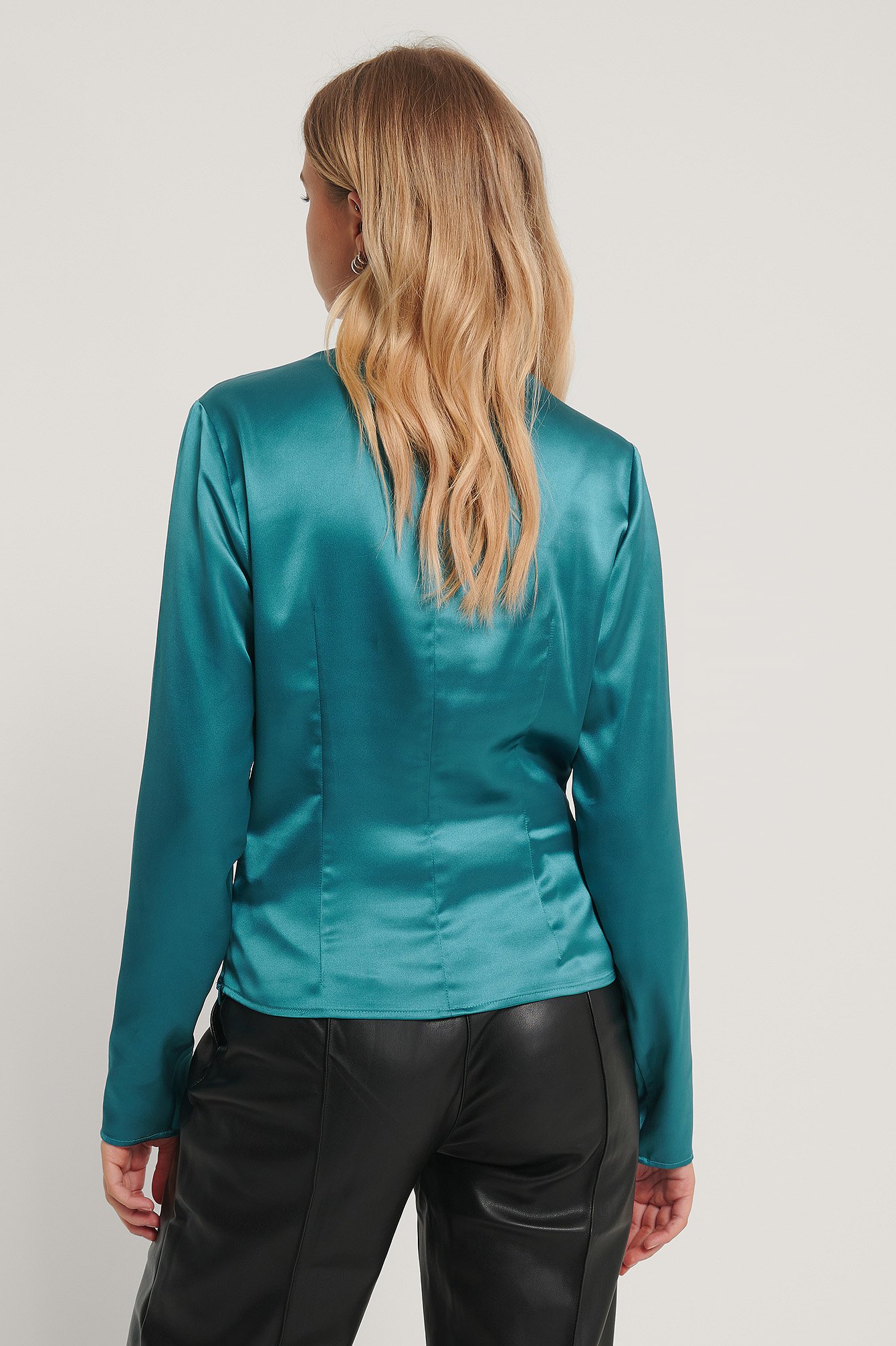 teal satin blouse