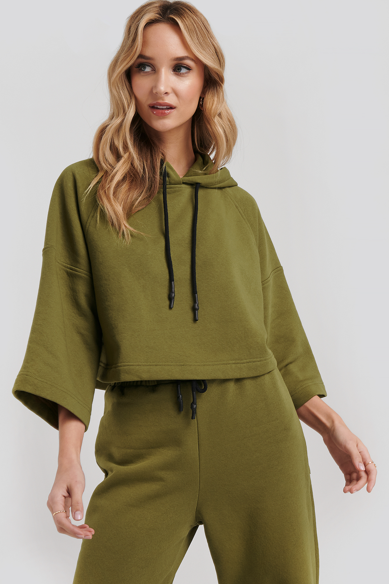 Half Sleeve Cropped Hoodie Green | na-kdlounge.com