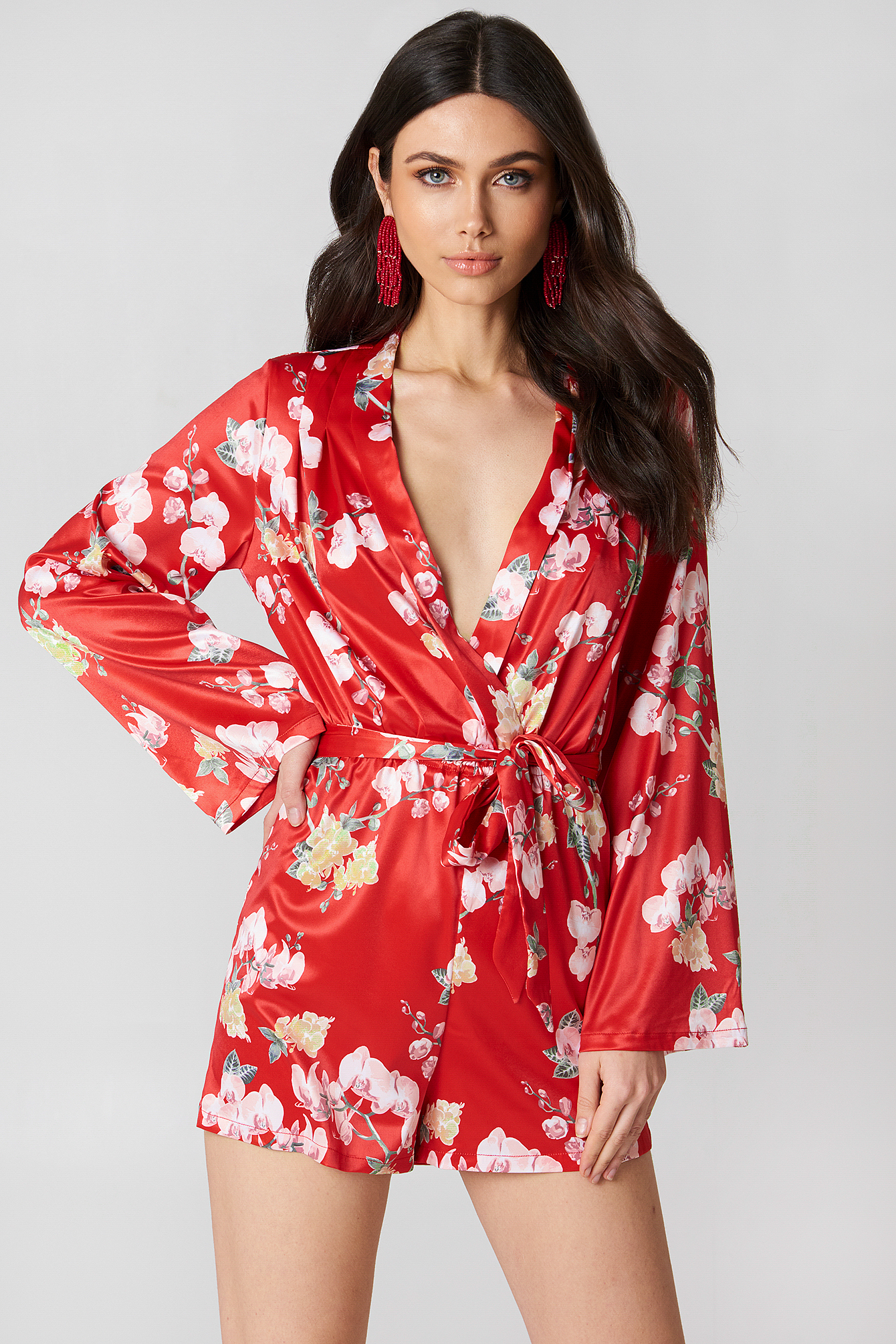 Deep V Neck Satin Playsuit Red Na 