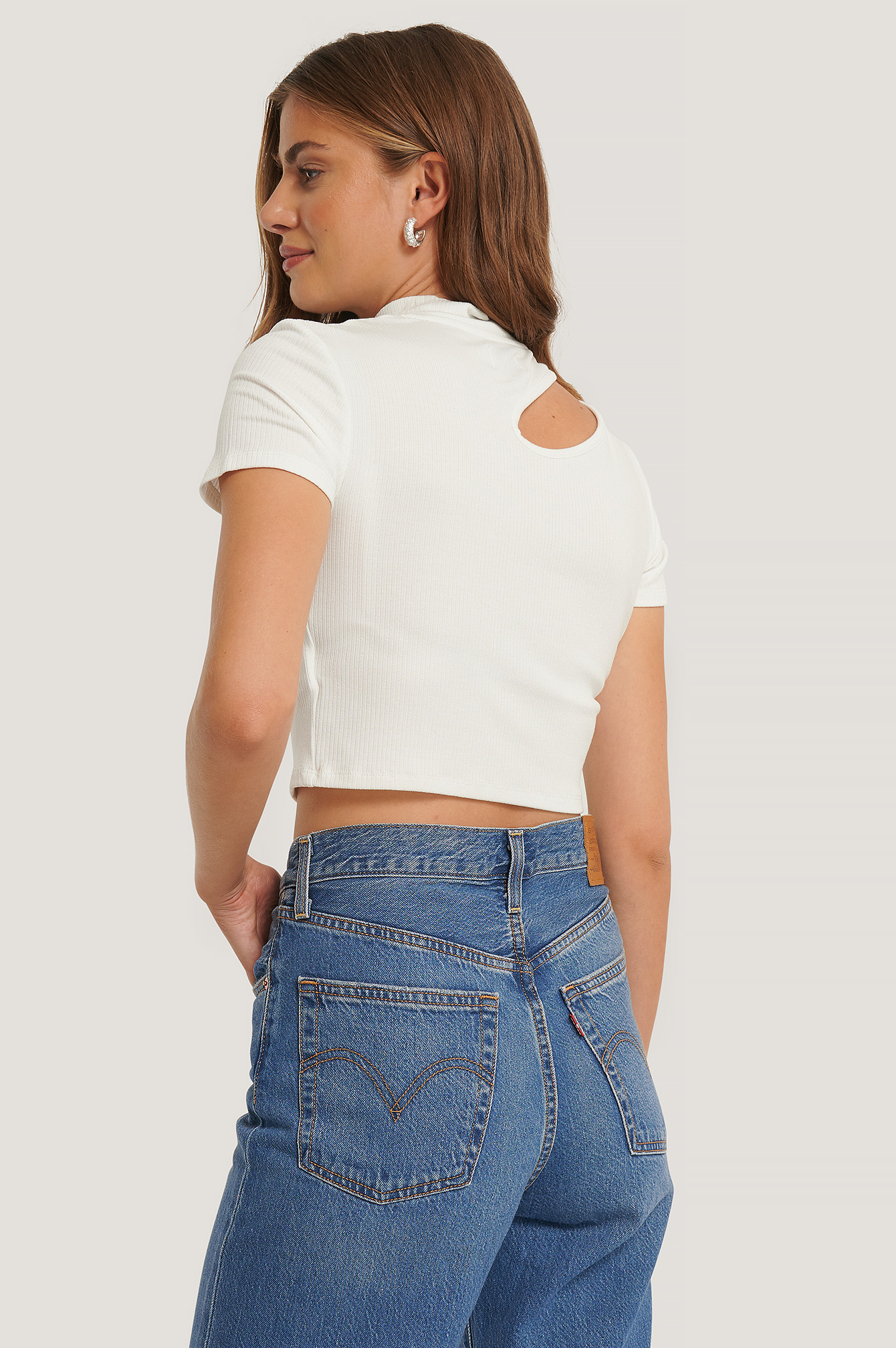 High Neck Short Sleeve Cut Out Top Offwhite | na-kdlounge.com