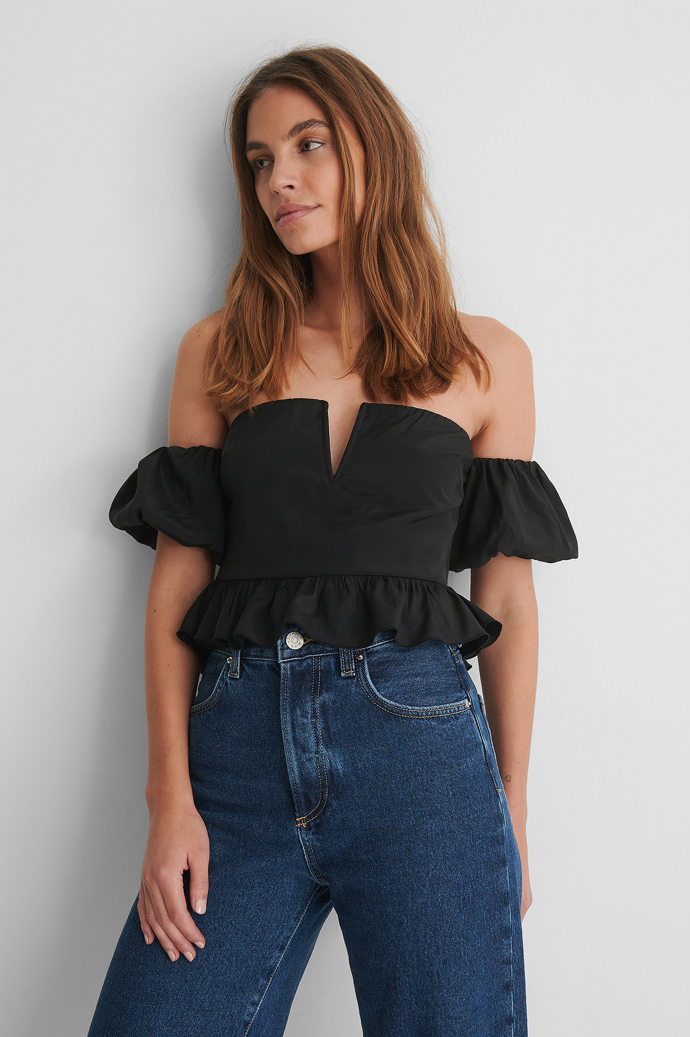 Off Shoulder Puff Short Sleeve Top Black | na-kdlounge.com