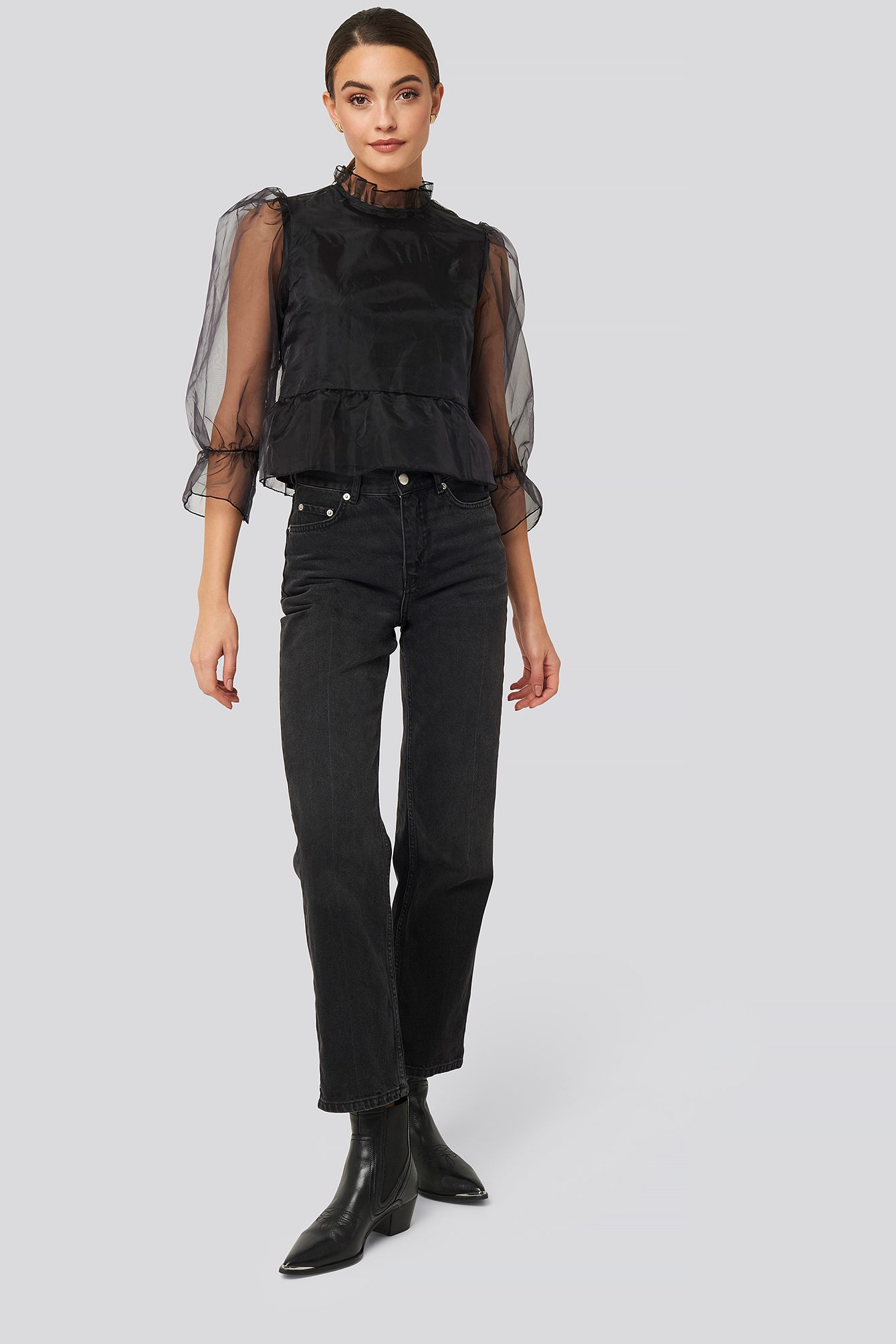 Oversized Organza Puff Sleeve Top Black | na-kdlounge.com