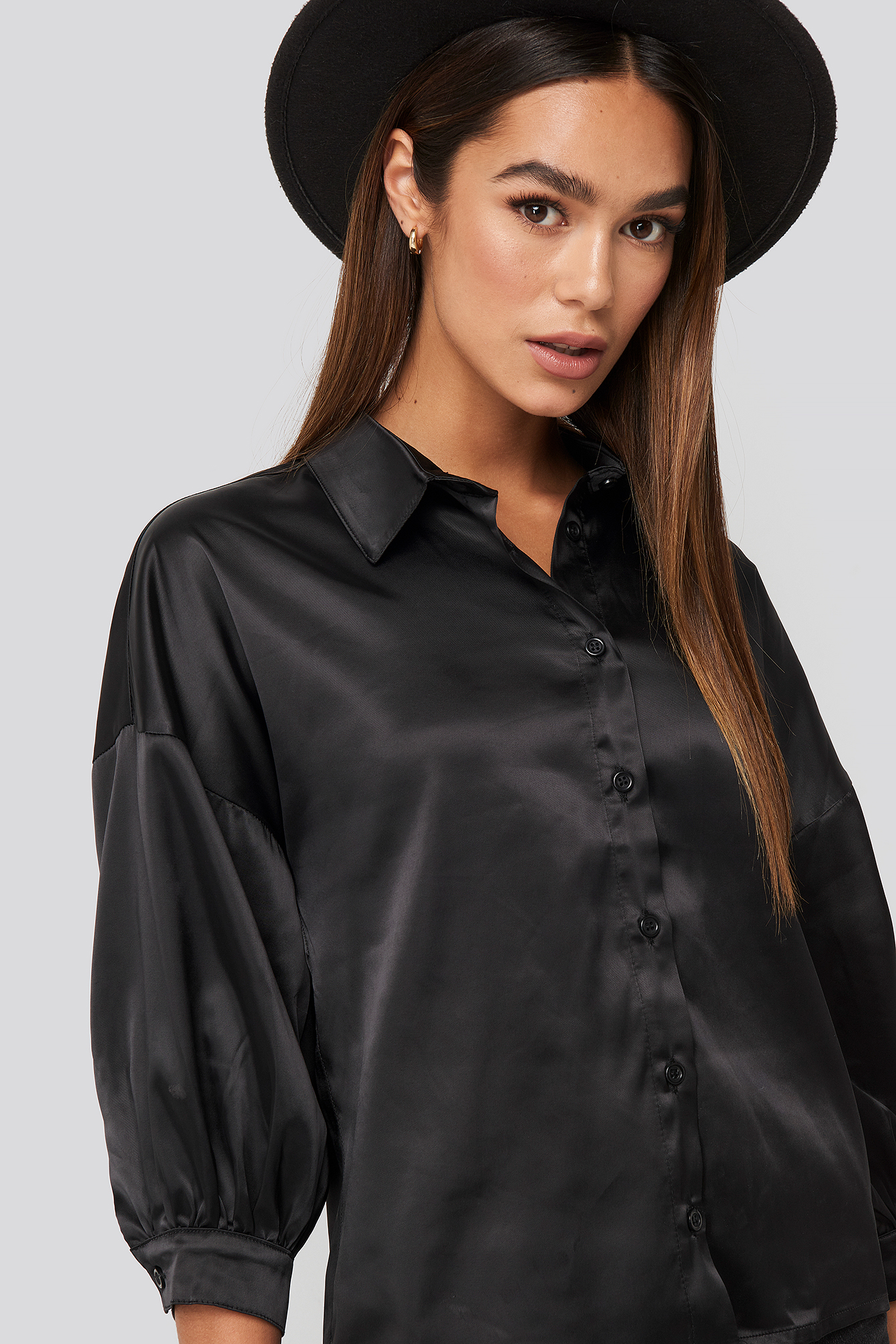 Puff Sleeve Satin Blouse Black Na 2887