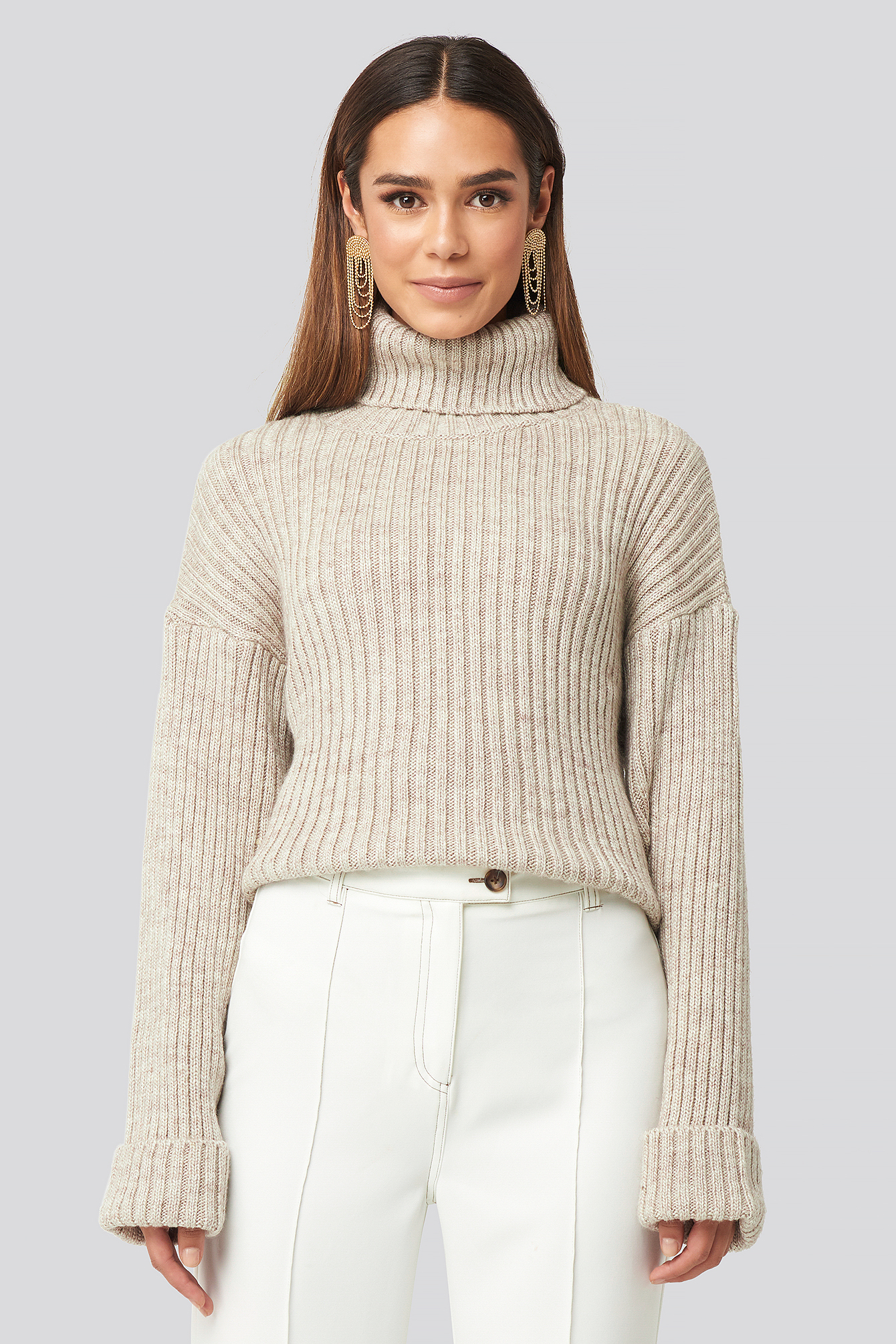 Ribbed Knitted Turtleneck Sweater Beżowy | na-kdlounge.com