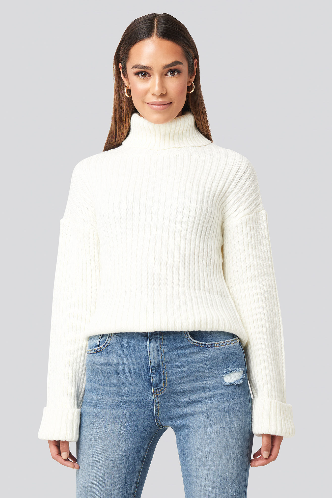 Ribbed Knitted Turtleneck Sweater White