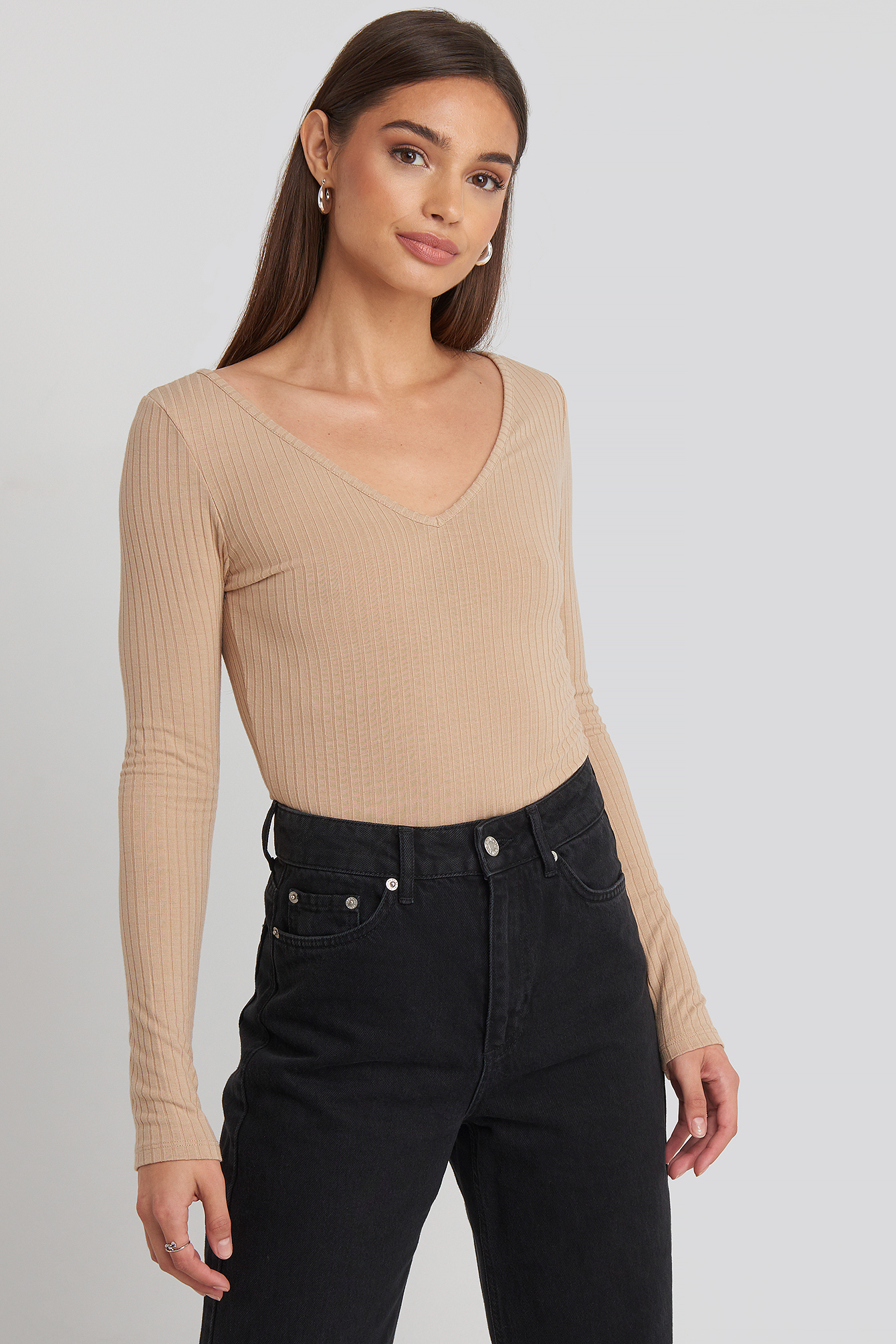 Ribbed Long Sleeve V Neck Top Beżowy Na 8312