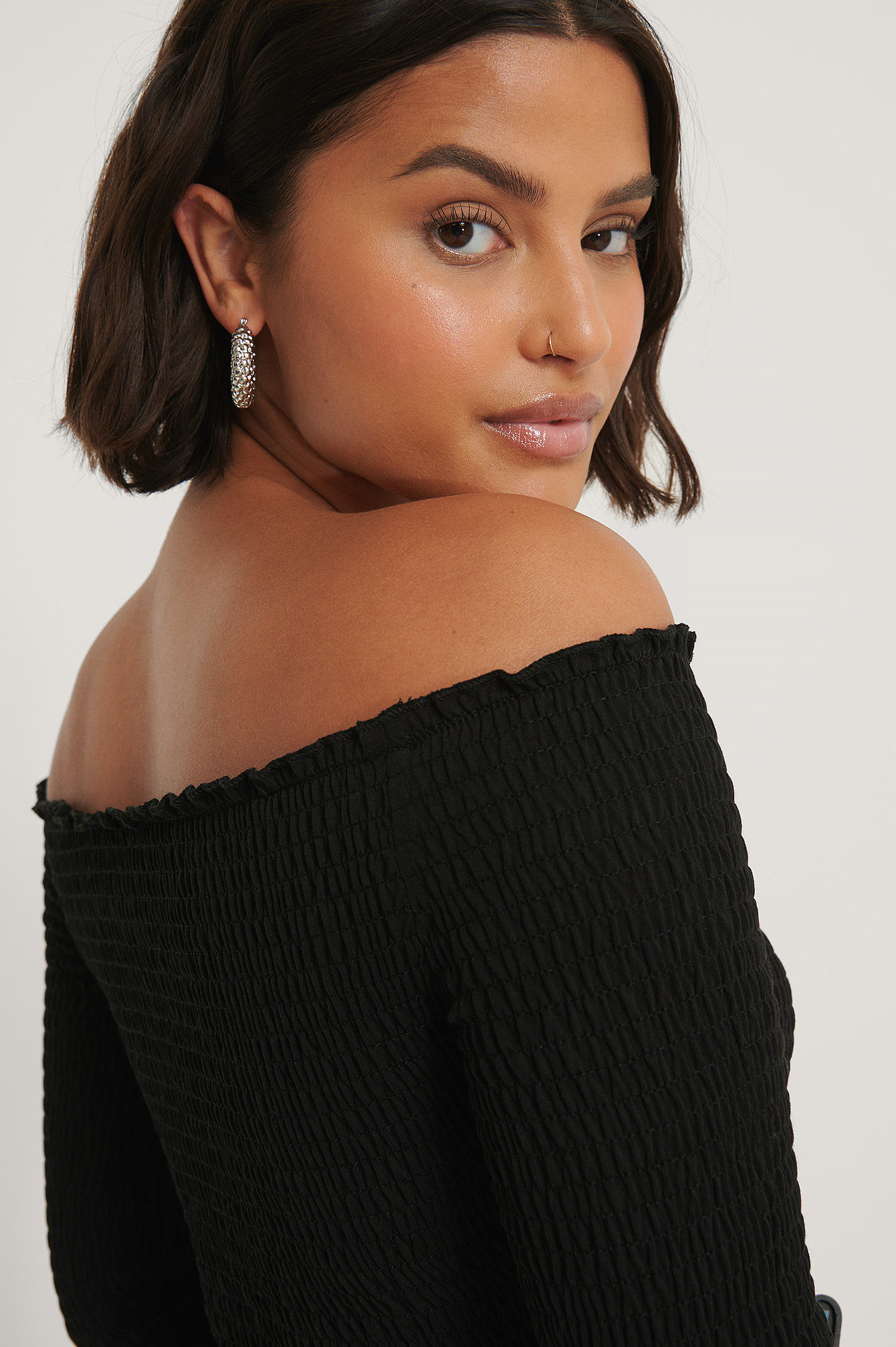 Off Shoulder Long Sleeve Smock Top Black | na-kdlounge.com