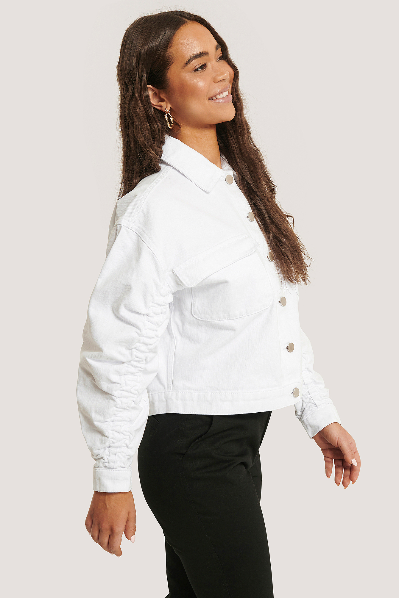 Sleeve Detail Denim Jacket White | na-kdlounge.com
