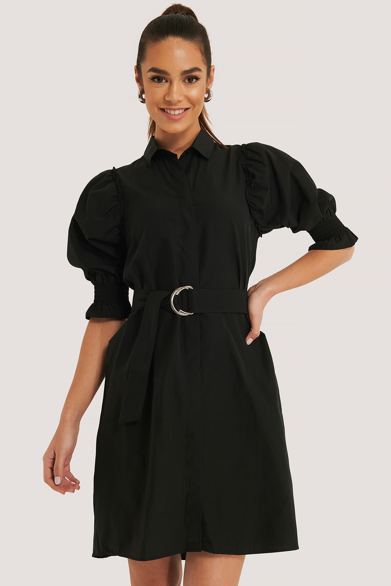 belted teal and black shirt dress